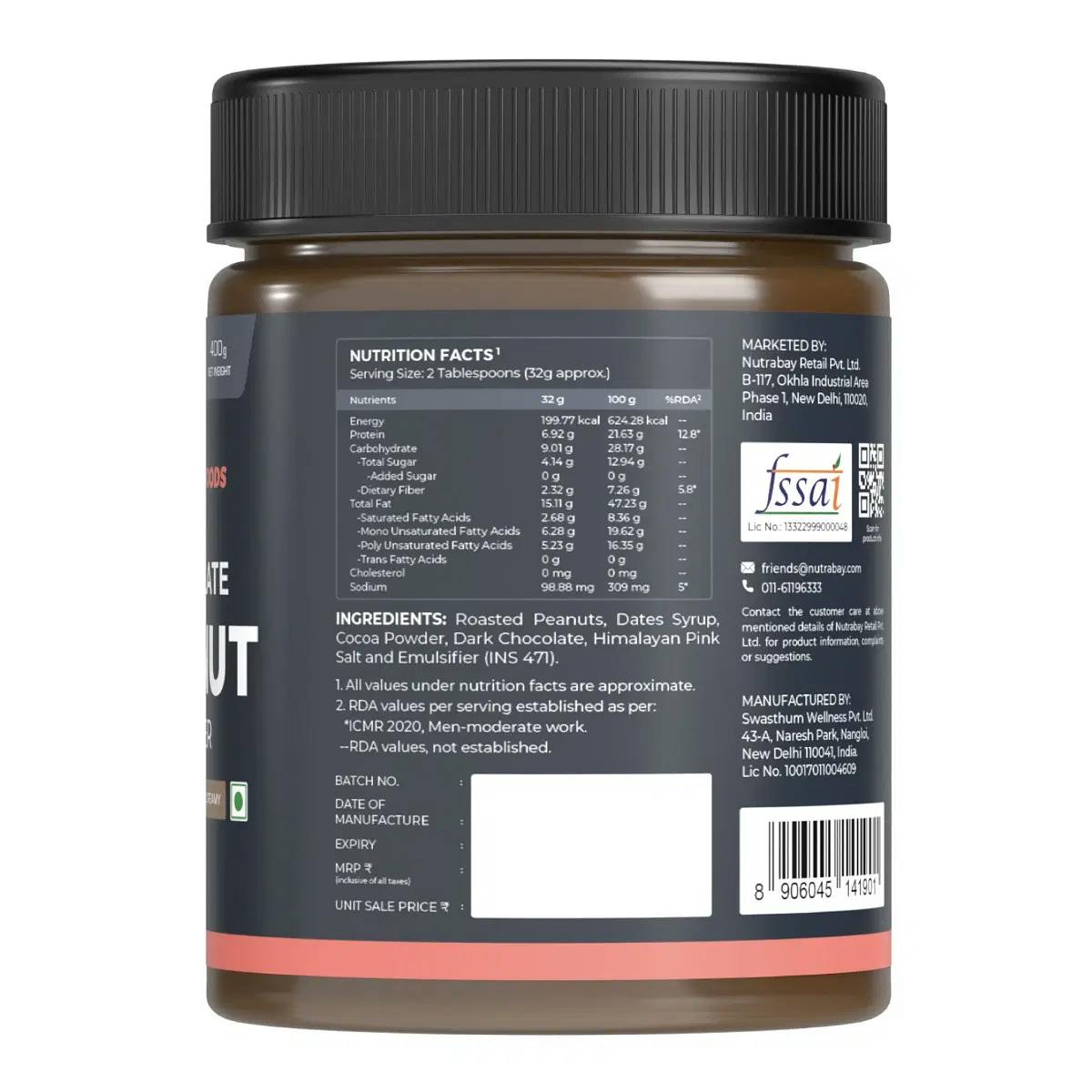 Nutrabay Foods Peanut Butter Creamy Chocolate Intense 400g 100 Roasted Peanuts 22g