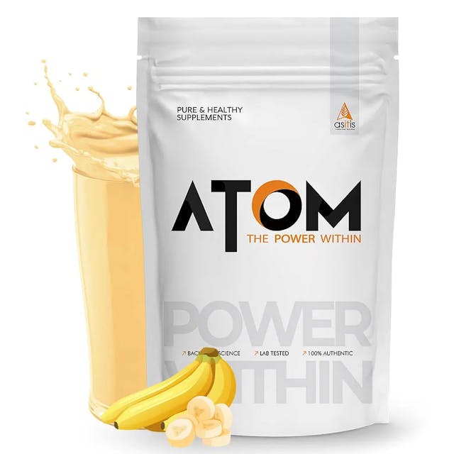 AS-IT-IS ATOM Whey Protein 1kg with Digestive Enzymes | USA Labdoor Certified for Accuracy & Purity | Banana Fusion flavor | 27g protein | 5.7g BCAA