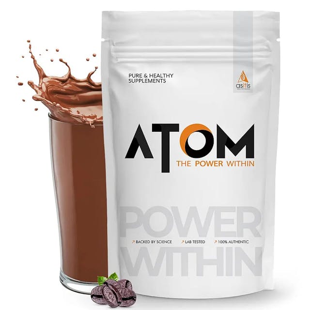 AS-IT-IS ATOM Whey Protein 1kg with Digestive Enzymes | USA Labdoor Certified for Accuracy & Purity | CafÃ© latte flavor | 27g protein | 5.7g BCAA