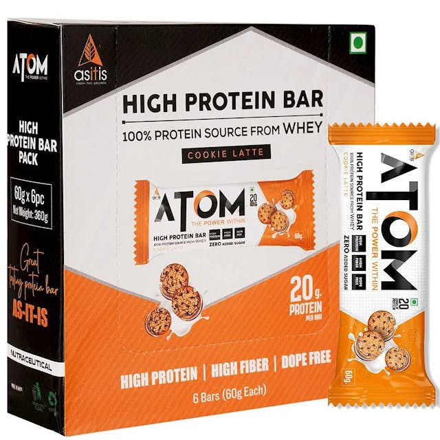 AS-IT-IS Nutrition ATOM High Protein Bar | 20g Protein | Zero Transfat | Zero Added Sugar | Whey Protein Concentrate, Isolate & Hydrolysate as Protein Source | Pack of 6 (60g x 6) | Lathe cookie