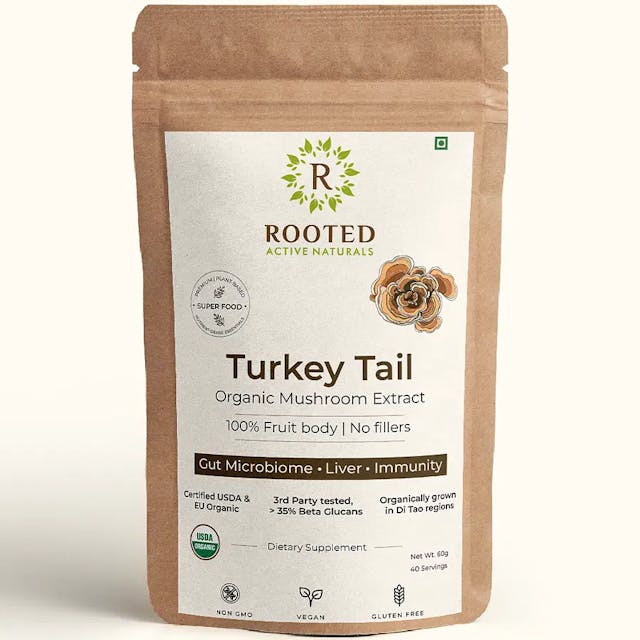 Rooted Actives Turkey Tail mushroom Extract Powder | Gut Health, Liver, Immunity.