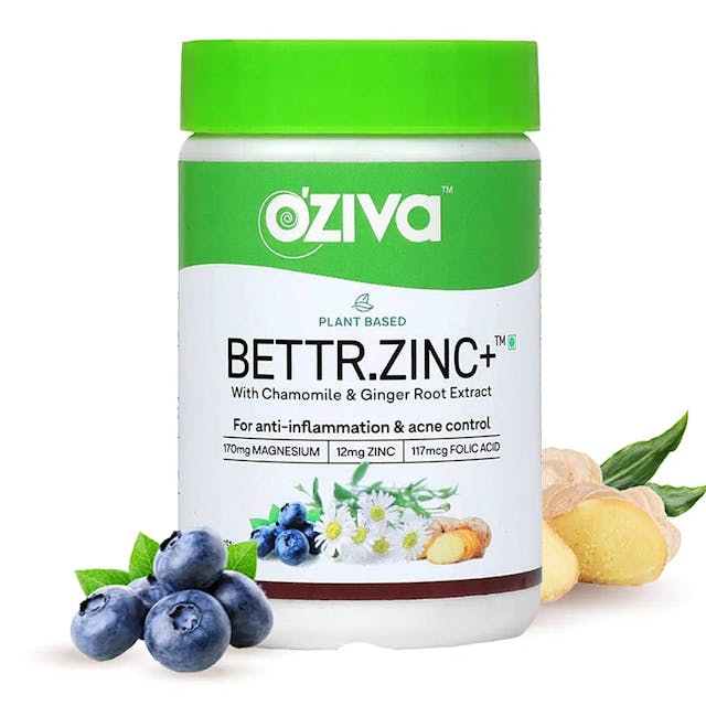 OZiva Plant Based Bettr.Zinc+ (With Zinc, Magnesium,Chamomile & Ginger Root) for Anti-inflammation & Acne Control, Certified Vegan, 60 Zinc capsules