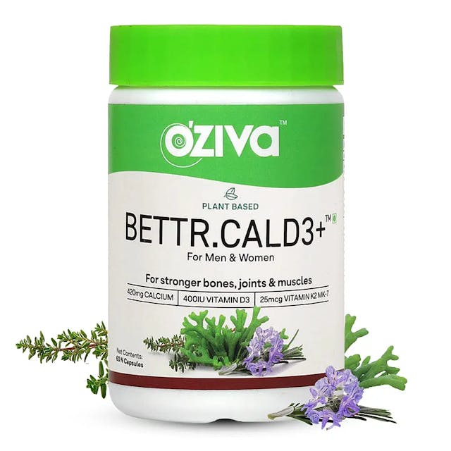 OZiva Bettr.CalD3+ (Plant-Based Calcium, Vitamin D3 & K2) for Stronger Bones, Joints & Muscles, Better Calcium Absorption, Certified Vegan, 60 Veg capsules