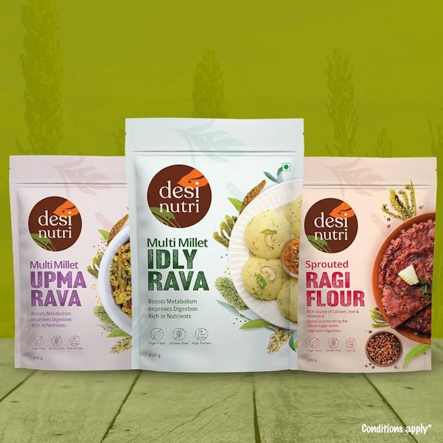 Desi Nutri Multi Millet Buy 2 & Get 1 Free (Buy Upma + Idli & Get Sprouted Ragi FREE) | Instant Upma Rava | Multi Millet Sprouted Ragi | Instant Idli Mix