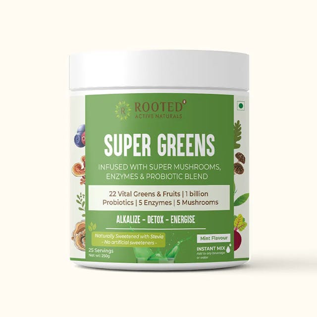 Rooted Actives Superfood Greens, Mushrooms & Herbs blend| (250 g), 22 Daily Greens & Fruits, 5 Mushrooms, Probiotics & Enzymes | Rich in vitamins, minerals, iron, fiber & antioxidants