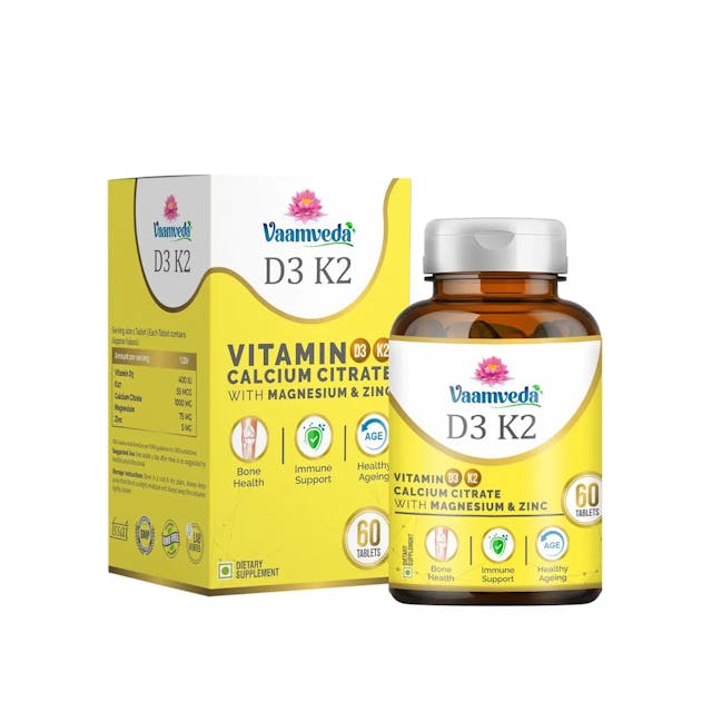 Vaamveda Vitamin D3 K2 Supplements Calcium Tablets for Joing Support with Magnesium Zinc 