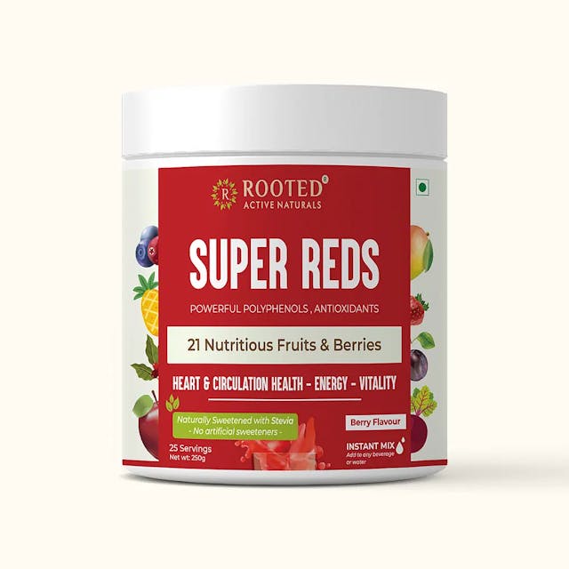Rooted Actives Super Reds health drink ( 250 g, 21 nutritious fruits, berries & Stevia) | Rich in antioxidants, flavonoids & polyphenols | Heart, Circulation health, Energy & Vitality