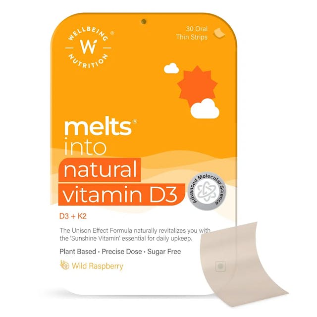 Wellbeing Nutrition Melts Natural Vitamin D3 + K2 (MK-7) with Organic Virgin Coconut Oil & Astaxanthin, Plant-Based & Vegan for Immunity, Heart, Muscle,Bone (30 Oral Strips)