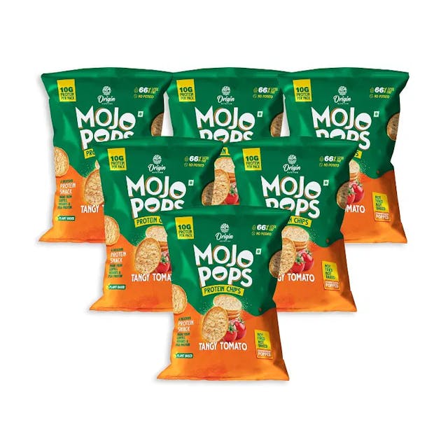 Origin Nutrition Mojo Pops Plant Based Protein Chips Tangy Tomato Flavour With 10g Protein Per Pack Gluten Free, No Potato, No Artificial Flavours Or Colors, Compression Popped 30g