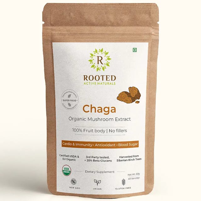 Rooted Actives Siberian Chaga mushroom Extract  (60 g) |Blood Sugar, Heart & Immunity. USDA Organic, 35% Beta Glucans 