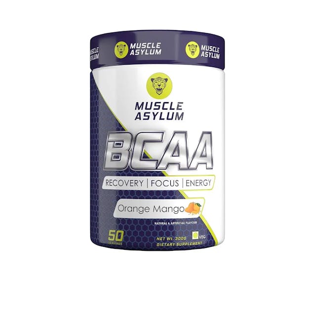 Muscle Asylum Bcaa Powder 0g Sugar Pre/Post & Intra Workout Muscle Recovery Drink with Amino Acids - 3g of BCAAs With Nootropics Matrix for Men & Women (50 Servings) -  (Orange Mango)-300g