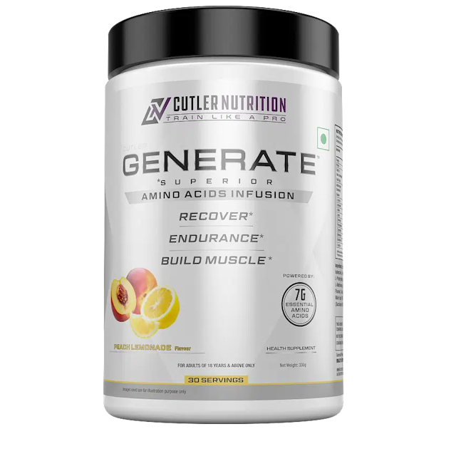 Cutler Nutrition Generate EAA and BCAA Powder: Best Branched Chain Amino Acids Supplement with Essential Amino Acids, 5g BCAAs, 2g EAAs for Lean Muscle Mass | Peach Lemonade, 30 Servings -330g