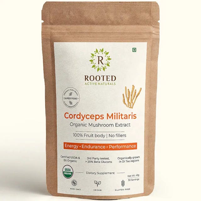 Rooted Actives Cordyceps Militaris Mushroom Extract powder (45 g) |Energy, Stamina & Endurance | Supports Testosterone, Virility, Lung health, USDA Organic, 20% Beta Glucans