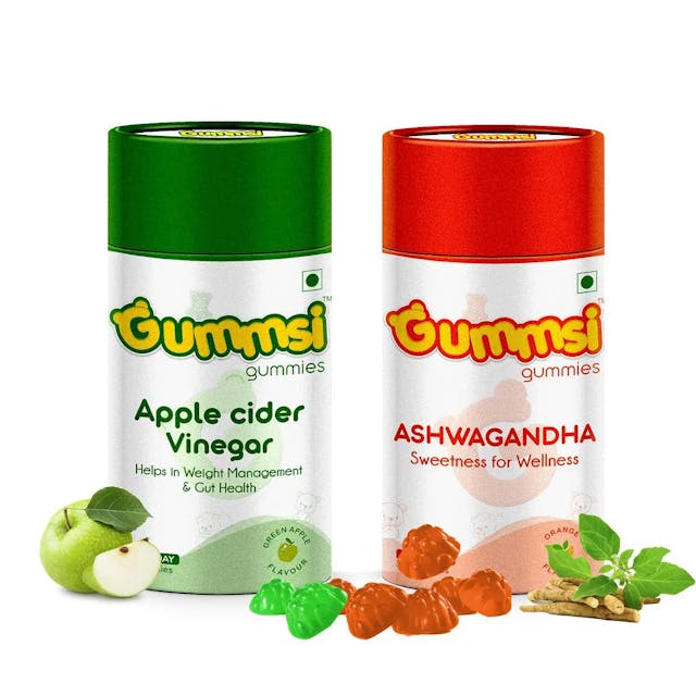 Gummsi Apple Cider Vinegar & Ashwagandha Gummies | Weight Management, Detox & Gut Health | Improves Digestive Health | with Ashwagandha Root Extract | 30 Gummies Each (Pack of 2)