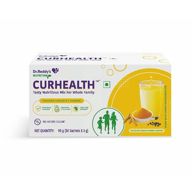 Dr. Reddy's CURHEALTH CURHEALTH - Immunity Booster Nutritious Mix Powder, Blended with Curcumin Extract & Piperine | Kesar Badam Flavour | 90g (30 Sachets x 3g)