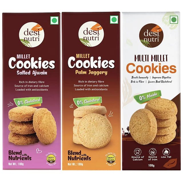 Desi Nutri Multi Millet Ajwain cookies + Palm Jaggery cookies+ Classic Cookies | Wholesome Balance of Taste & Nutrition | Quick Energy | Rich in Calcium Pack of 3-100 gms each - 300 gms