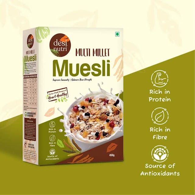Desi Nutri Combo Offer Buy Muesli & Get Peanut Bites FREE | Multi Millet Health Muesli | Ready to Eat Health Muesli | Ready to Eat Peanut Bites Jaggery Coated | Peanut Bites Snacks