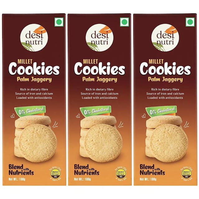 Desi Nutri Palm Jaggery Cookies Pack Of 3 | No Maida, Preservatives & Additives, 100 g each | Wholesome Taste & Nutrition | Flavourful & Delicious | Rich in Calcium | Pack of 3-100 gms each - 300 gms
