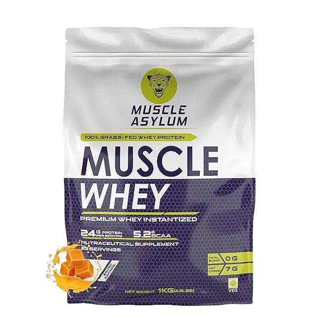 Muscle Asylum Premium 100% Whey Protein, 24g Protein, 5.2g Bcaa, For Muscle Building & Recovery ,25 Servings (Salted Caramel)-1kg (2.2 lbs), Box