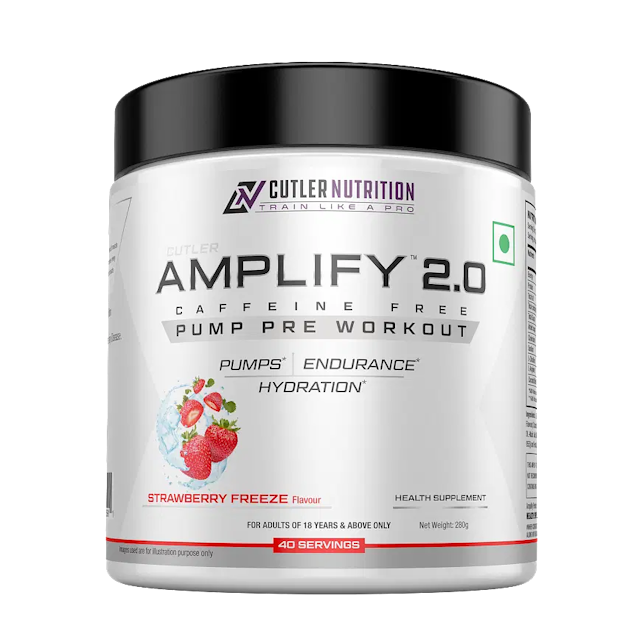 Cutler Nutrition Amplify Caffeine Free Pre Workout for Men and Women Stimulant Free Muscle Pump Enhancer with L- Arginine, Coconut Water Powder and L-Citrulline, Strawberry Freeze -280g