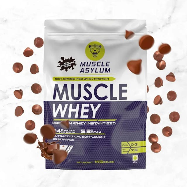 Muscle Asylum Premium  100% Whey Protein 24g Protein, 5.2g Bcaa For Muscle Building & Recovery, 25 Servings (Chocolate with Real Chocochips Inside)-1kg (2.2 lbs), Bag