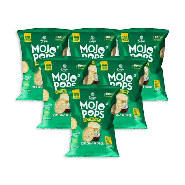 Origin Nutrition Mojo Pops Plant Based Protein Chips Sour Cream & Onion Flavour With 10g Protein Per Pack Gluten Free, No Potato, No Artificial Flavours Or Colors, Compression Popped 30g