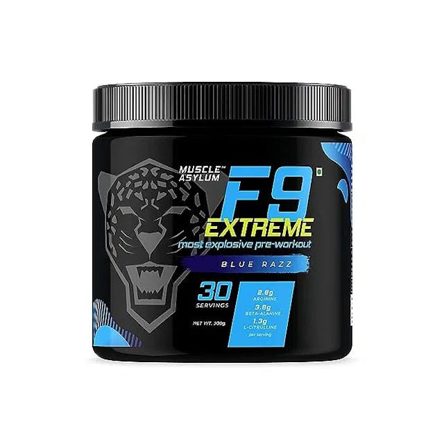 Muscle Asylum F9 Extreme Pre-Workout Energy Supplement | High Caffeine + Beta Alanine + EAA- Creatine Free - Pack of 300g, 30 Servings (Blue Razz) 