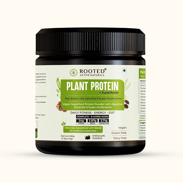 Rooted Actives Plant Protein powder, 24gm protein from Pea, Super Mushrooms, Brown Rice, Spirulina & | Probiotics, Enzymes, Super mushrooms |500 gm | Choclate flavour (USA FDA Registered Facility)