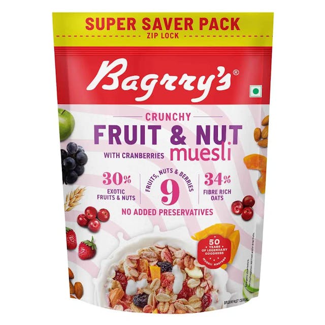 Bagrry's Crunchy Muesli With 30% Fruit & Nut Cranberries 750gm Pouch |34% Fibre Rich Oats|No Sugar Infused Fruits|Real Fruits|Breakfast Cereal|Protein Rich|Cranberry Muesli
