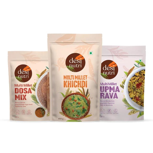 Desi Nutri Multi Millet Buy 2 & Get 1 Free (Buy Dosa Mix + Khichdi and Get Upma Rava FREE) | Instant Dosa Mix | Multi Millet Khichdi Mix | Instant Upma Rava