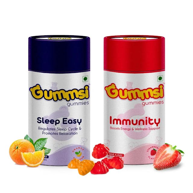 Gummsi Gummies SleepEasy & Immunity Booster Gummies with Natural Melatonin, Valerian Root, Elderberry, and Vitamin C | Delicious Vegan Chewable gummies for Restful Sleep | 30 Gummies Each (Pack of 2)