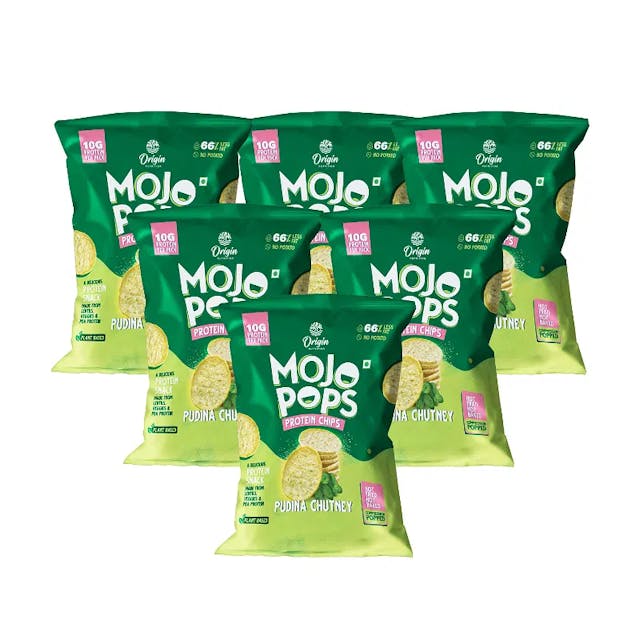 Origin Nutrition Mojo Pops Plant Based Protein Chips Pudina Chutney Flavour With 10g Protein Per Pack Gluten Free, No Potato, No Artificial Flavours Or Colors, Compression Popped 30g