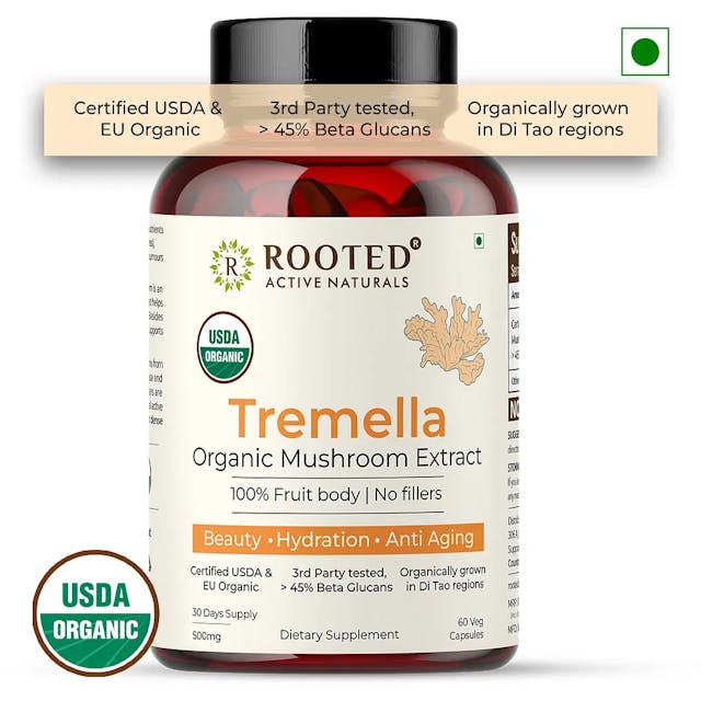 Rooted Actives Tremella Mushroom Extract  (60 Veg caps, 500 mg) |Beauty, Skin Glow, Collagen booster, Hyalyronic acid, Hydration| USDA Organic, 45% Beta Glucans