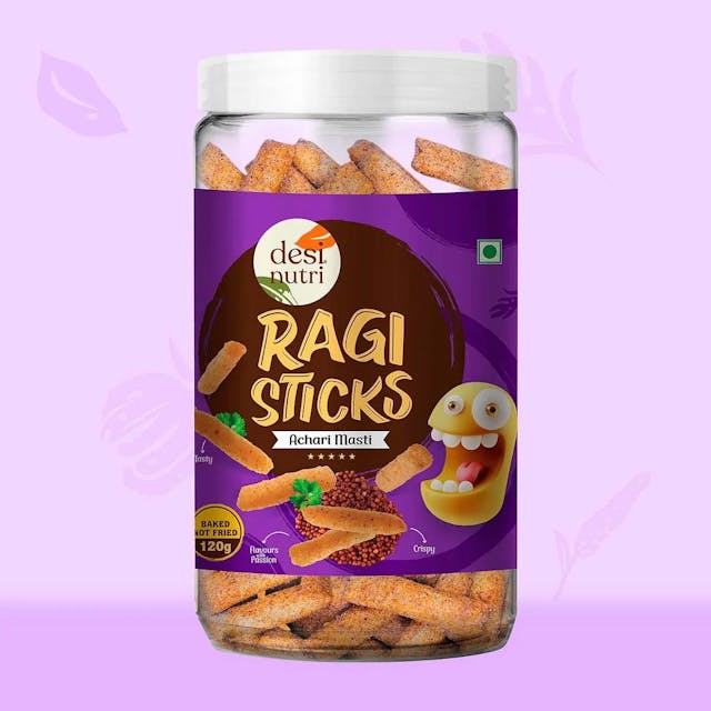 Desi Nutri Ragi Sticks Achari Masti | Ready to Eat Ragi Sticks Achari Masti | Snacks | Ragi Sticks Achari Masti - 120 GMS | Rich in Iron & Protein