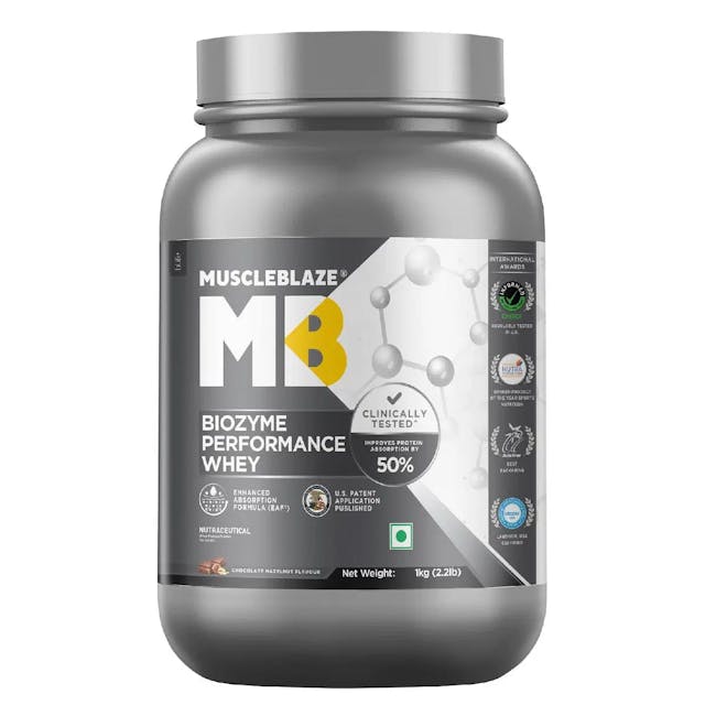 MuscleBlaze MB Biozyme Performance Whey Protein | Clinically Tested 50% Higher Protein Absorption | Informed Choice UK, Labdoor USA Certified & US Patent Filed EAFÃ‚ Chocolate Hazelnut