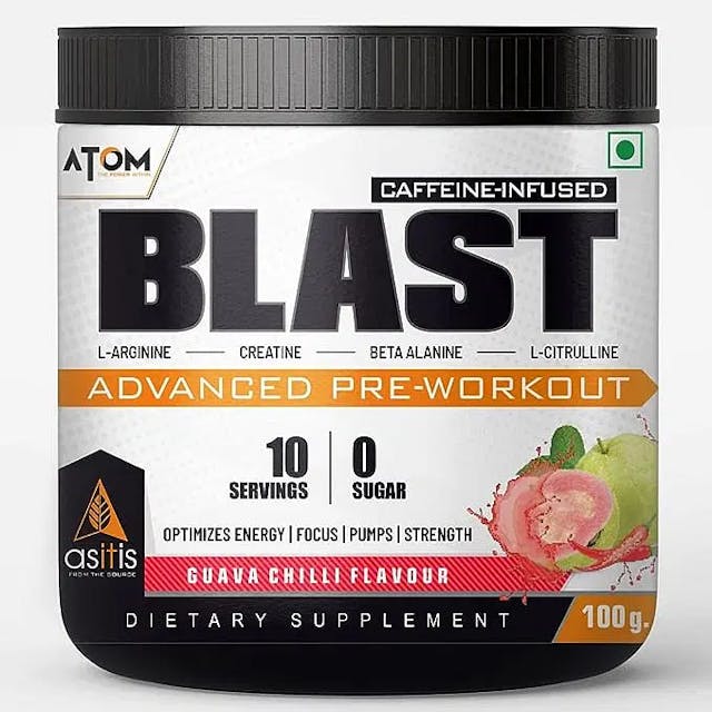 AS-IT-IS ATOM Blast Advanced Pre-workout 100gms |Â  Caffeine & L- Arginine Infused | Optimizes Energy |Â  Increase Strength & Pumps | Guava Chilli flavour