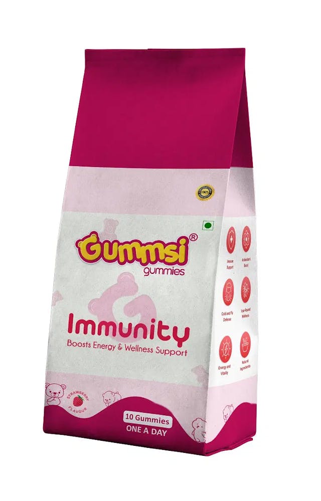 Gummsi Immunity Gummies with Vitamin C, Zinc | No-Added Sugar | Strawberry Flavor | Boosts Immunity, Bone Density & Eyesight | 10 Gummies