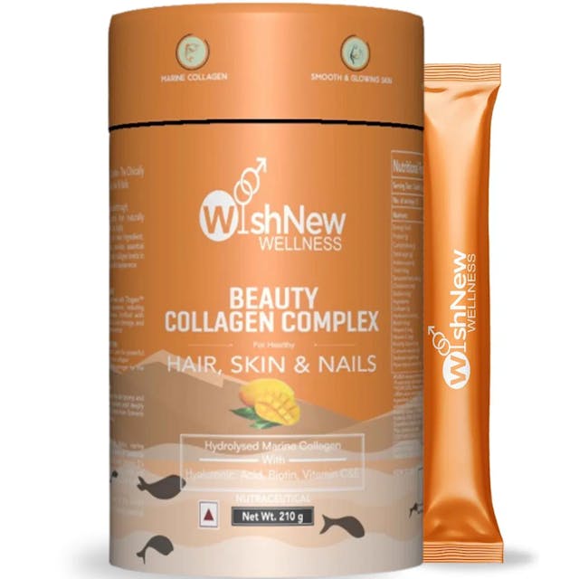 WishNew Wellness BEAUTY COLLAGEN COMPLEX, 21 Servings | Mango Flavor | Essential Support for Healthy Hair, Skin & Nails | 1 Sachet (10g) Daily
