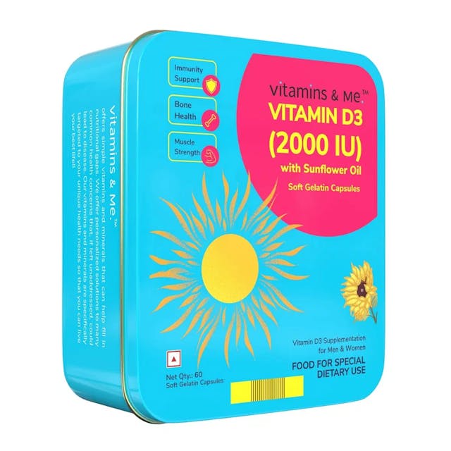 Vitamins & Me Vitamin D3 (2000 IU), with Sunflower Oil for Men & Women, Promotes Bone Health, Muscle Strength, Calcium Absorption, & Immunity 60 Vitamin D3 softgels