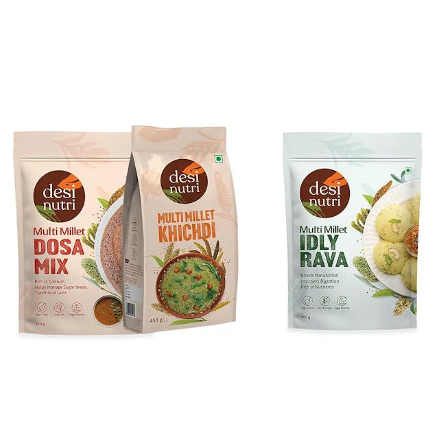 Desi Nutri Multi Millet Buy 2 & Get 1 Free (Buy Dosa Mix + Khichdi and Get Idli Rava FREE) | Instant Dosa Mix | Multi Millet Khichdi Mix | Instant Idli Rava