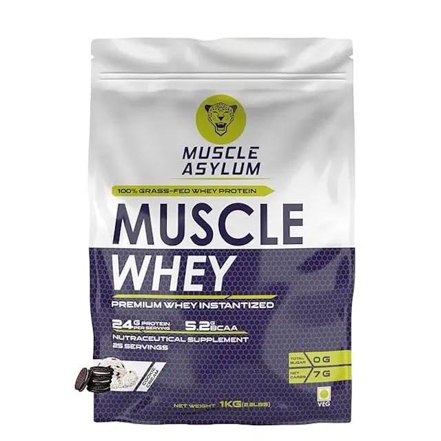 Muscle Asylum Premium 100% Whey Protein, 24g Protein, 5.2g Bcaa, For Muscle Building & Recovery ,25 Servings (Cookie & Cream)-1kg (2.2 lbs), Bag