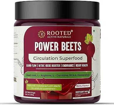 Rooted Actives Power Beets ( 250 g) - Organic Beet root powder with L arginine, L Carnitine, BCAA, Reservatrol & Stevia | Heart, Endurance, Nitric oxide booster |
