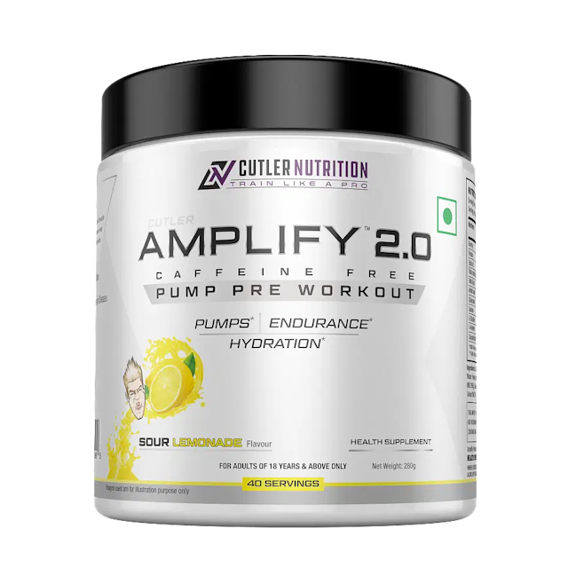Cutler Nutrition Amplify Caffeine Free Pre Workout for Men and Women Stimulant Free Muscle Pump Enhancer with L- Arginine, Coconut Water Powder and L-Citrulline, Sour Lemonade -280g