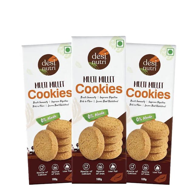 Desi Nutri Multi Millet Cookies Pack of 3-100 GMS Each | Ready to Eat Cookies | Millet Cookies | Snacks | Rich in Fiber & Immunity
