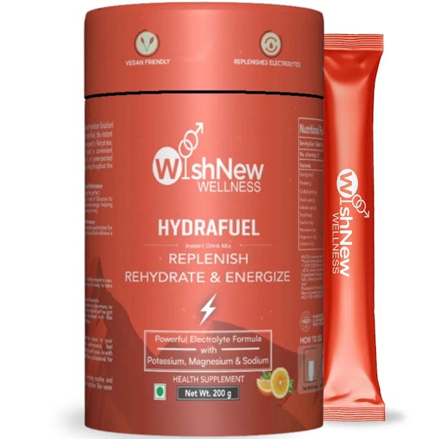 WishNew Wellness HYDRAFUEL Tangy Orange Instant Drink Mix, 20 Servings | Rehydrate, Replenish & Energize | 100% Vegetarian | 1 Sachet (10g) Serving