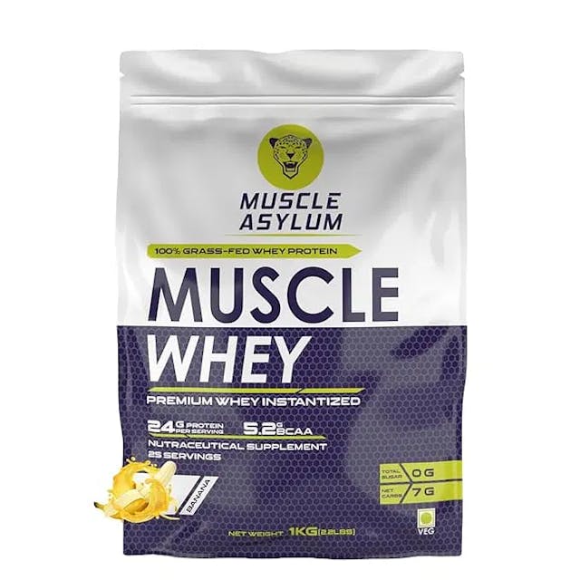Muscle Asylum Premium 100% Whey Protein, 24g Protein, 5.2g Bcaa, For Muscle Building & Recovery ,25 Servings (Banana)-1kg (2.2 lbs), Bag