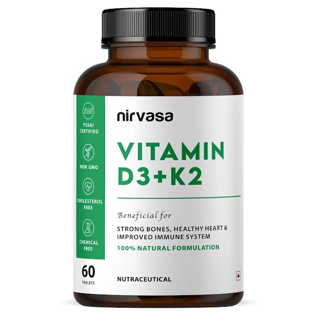 Nirvasa Vitamin D3 + K2 Tablets, to Support Bone & Heart Health, enriched with Calcium carbonate, Vitamin D3 and Vitamin K2-7, Allergan Free, Soy Free Tablet, 1B (1 X 60 Tablets)