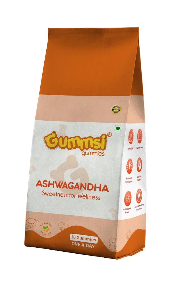 Gummsi Ashwagandha Gummies for Men and Women, Natural Orange Flavor, Improves Strength, Energy & Immunity | Enhances Sleep Quality | 100% Vegan & Gluten-Free, 10 Gummies