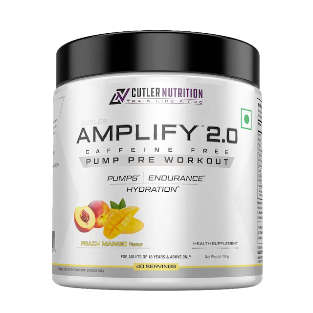 Cutler Nutrition Amplify Caffeine Free Pre Workout for Men and Women Stimulant Free Muscle Pump Enhancer with L- Arginine, Coconut Water Powder and L-Citrulline, Peach Mango Flavor -280g