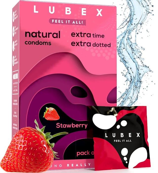 Lubex 6 in 1 Long Lasting Condoms, Extra Dotted with Condom Disposable Bags - Extra Ribbed for Girls & Extra Time for Men - Strawberry Flavour - Combo Pack of 12 Condoms
